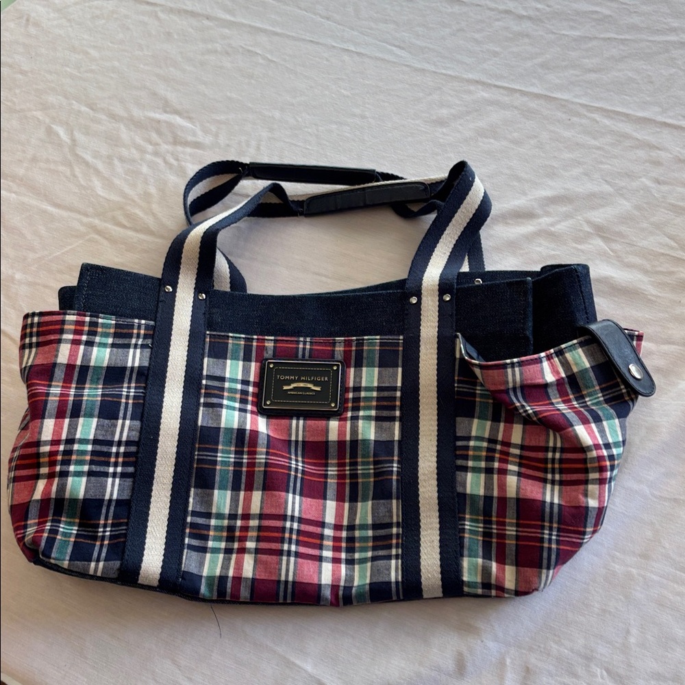 Tommy Hilfiger Plaid Double Handle Satchel Bag w/ Wristlet Faux Leather